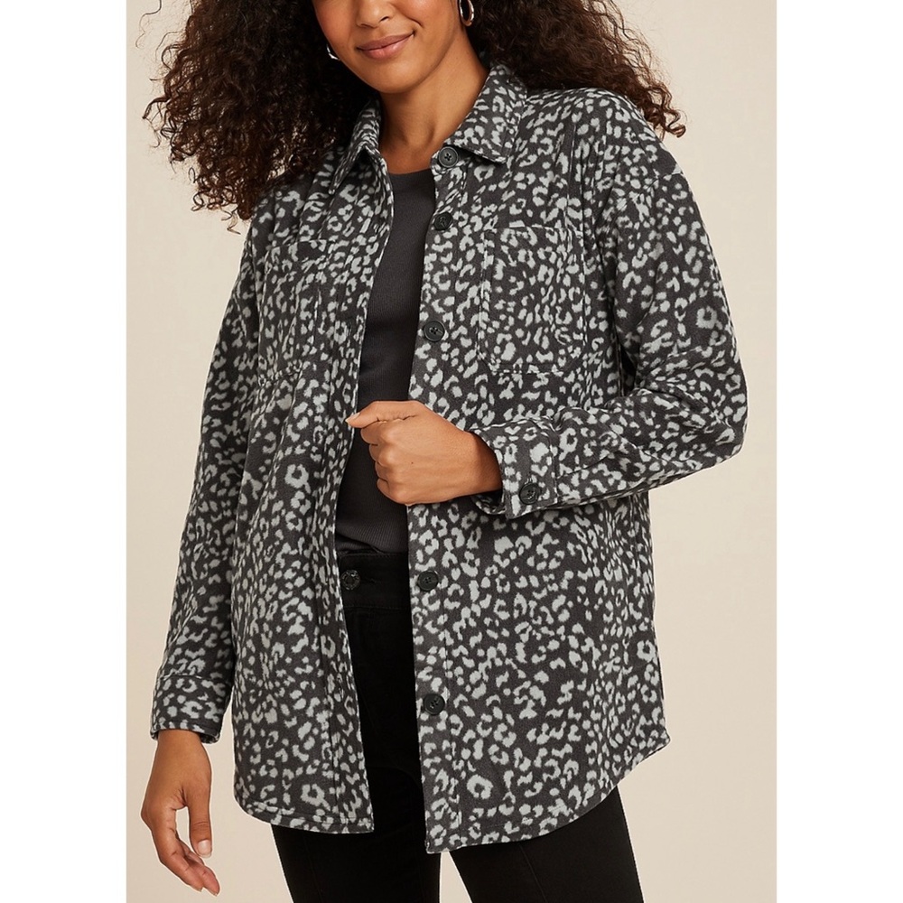 Maurice’s - Women's Gray Leopard Button-Up Fleece Shacket
